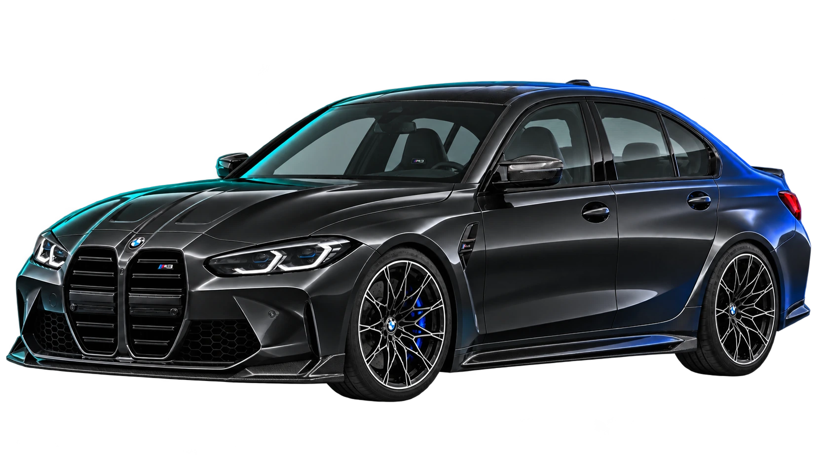 Lowered graphite-black BMW M3 G80 sedan with a carbon splitter and turquoise and blue edge lighting